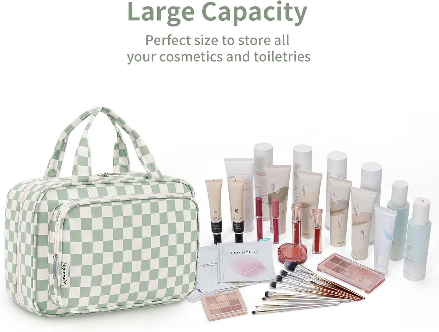 Narwey Travel Toiletry Bag for Women Large Hanging Makeup Bag Organizer Toiletries Bag for Full Size Essentials Accessories Cosmetics (Mint Green Checkerboard (Large))