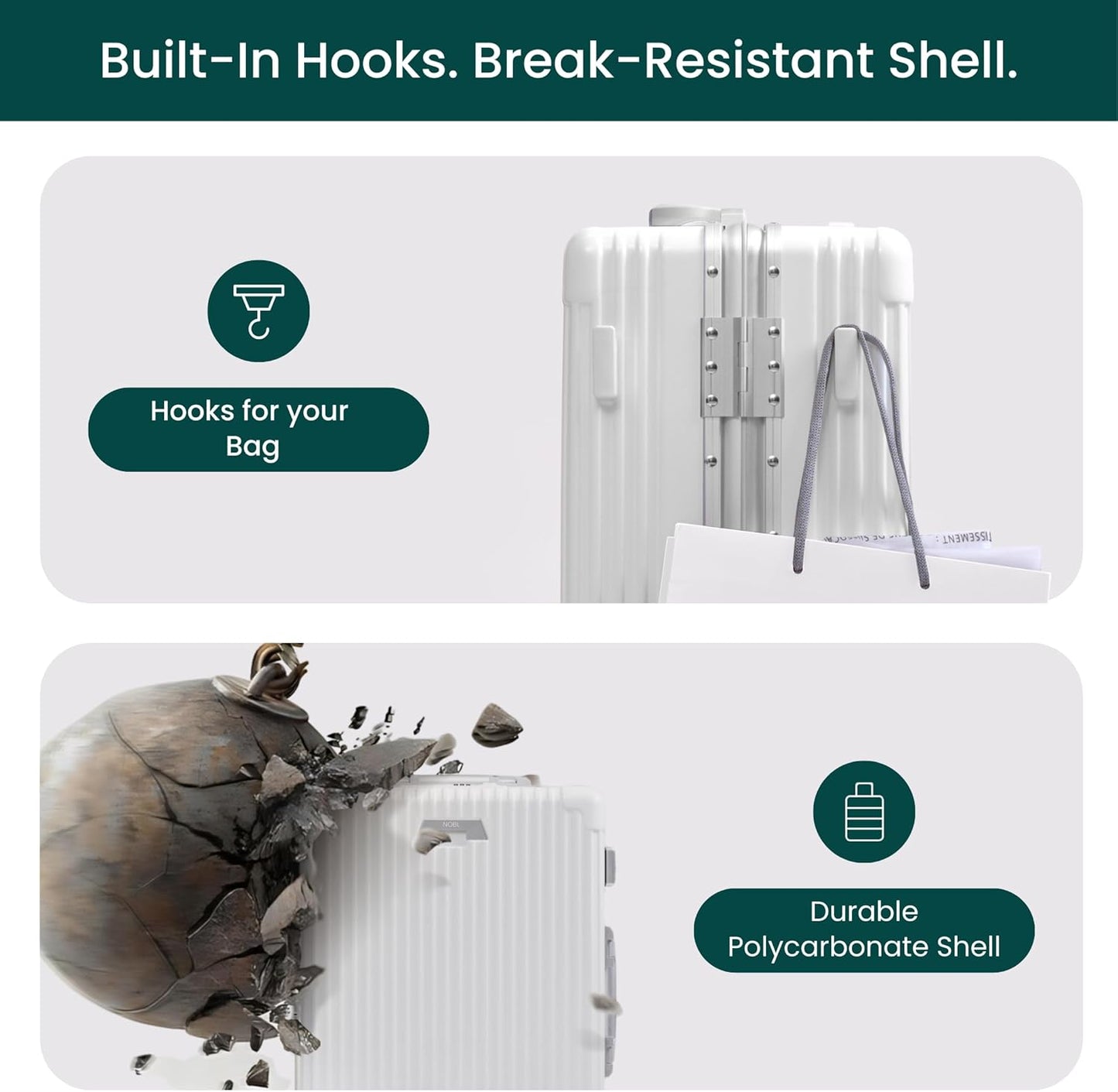 Nobl Travel Zipperless Check In Suitcase - Aluminum Frame, Check In luggage 30.2x20x12 Airline Approved by Noble Travel - Unbreakable Polycarbonate Shell - Dual TSA Locks, 360° Spinner Wheels - White