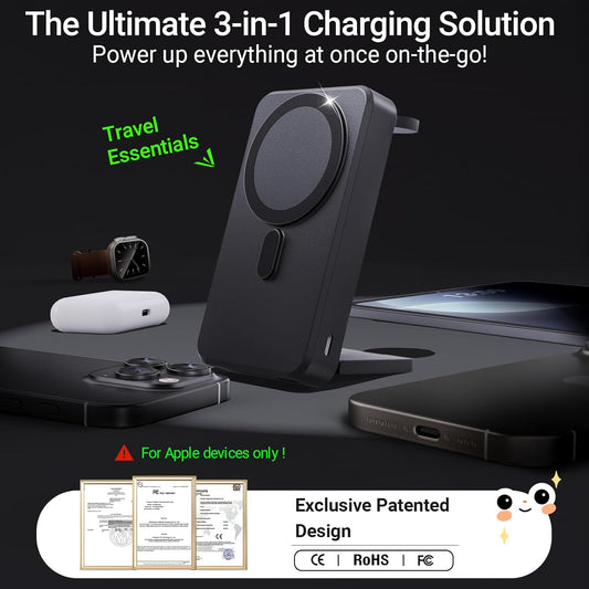 3-in-1 Portable Charger, 10000mAh Foldable Power Bank Fast Charging,MagSafe Charger Battery Pack Magnetic,Travel Wireless Charging Station for iPhone 16/15/14/13/12,iWatch, Air pods, Black