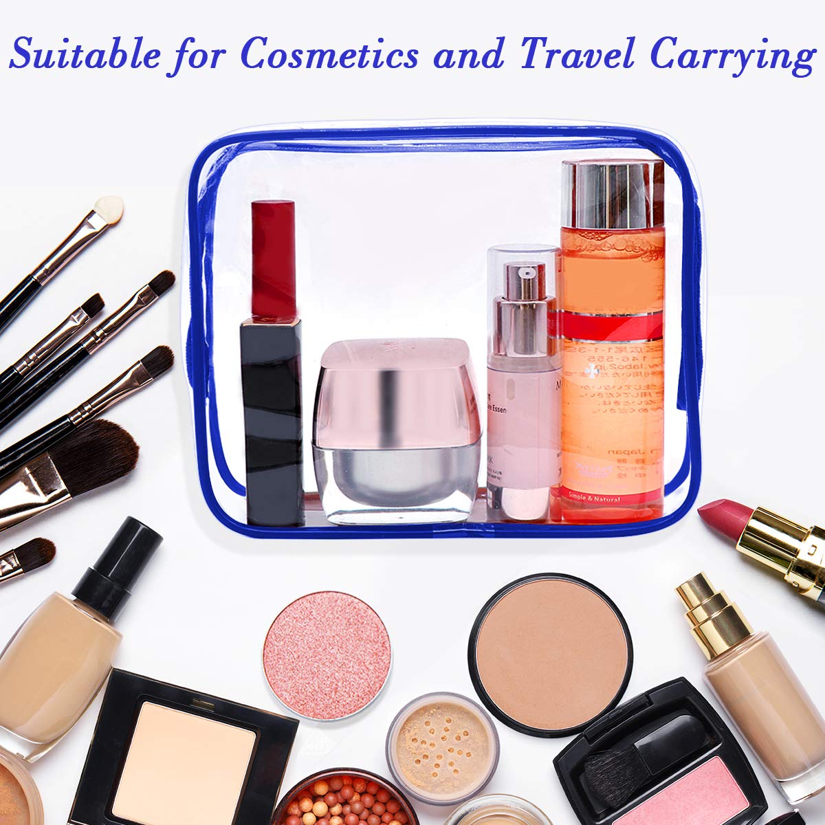 APREUTY Clear Makeup Bags, TSA Approved 6Pcs Cosmetic Makeup Bag Set Clear PVC with Zipper Handle Portable Travel Luggage Pouch Airport Airline Vacation (Blue)