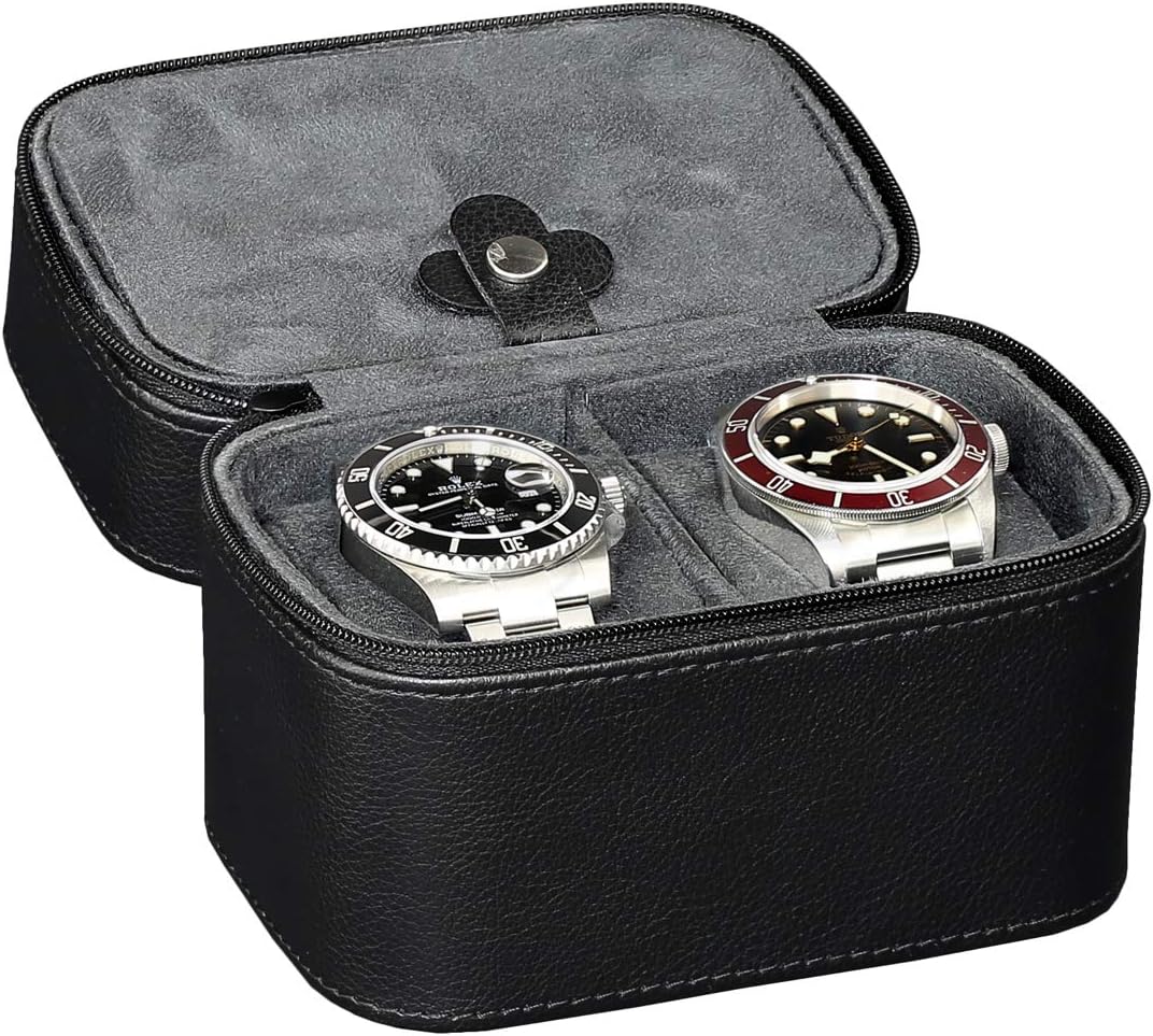 ROTHWELL 2 Watch Travel Case Storage Organizer for 2 Watches | Tough Portable Protection w/Zipper Fits All Wristwatches & Smart Watches Up to 50mm (Black/Grey)