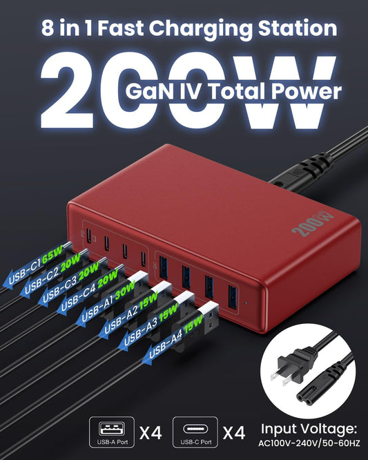 200W USB C Charger Block,8-Ports GaN III Fast Charging Station Hub,QC4.0+PD 65W Laptop Charger Wall Chargers Power Adapter for MacBook Pro/Air,DELL,Steam Desk,iPhone 17/16/15,iPad,Galaxy S25,Pixel-Red