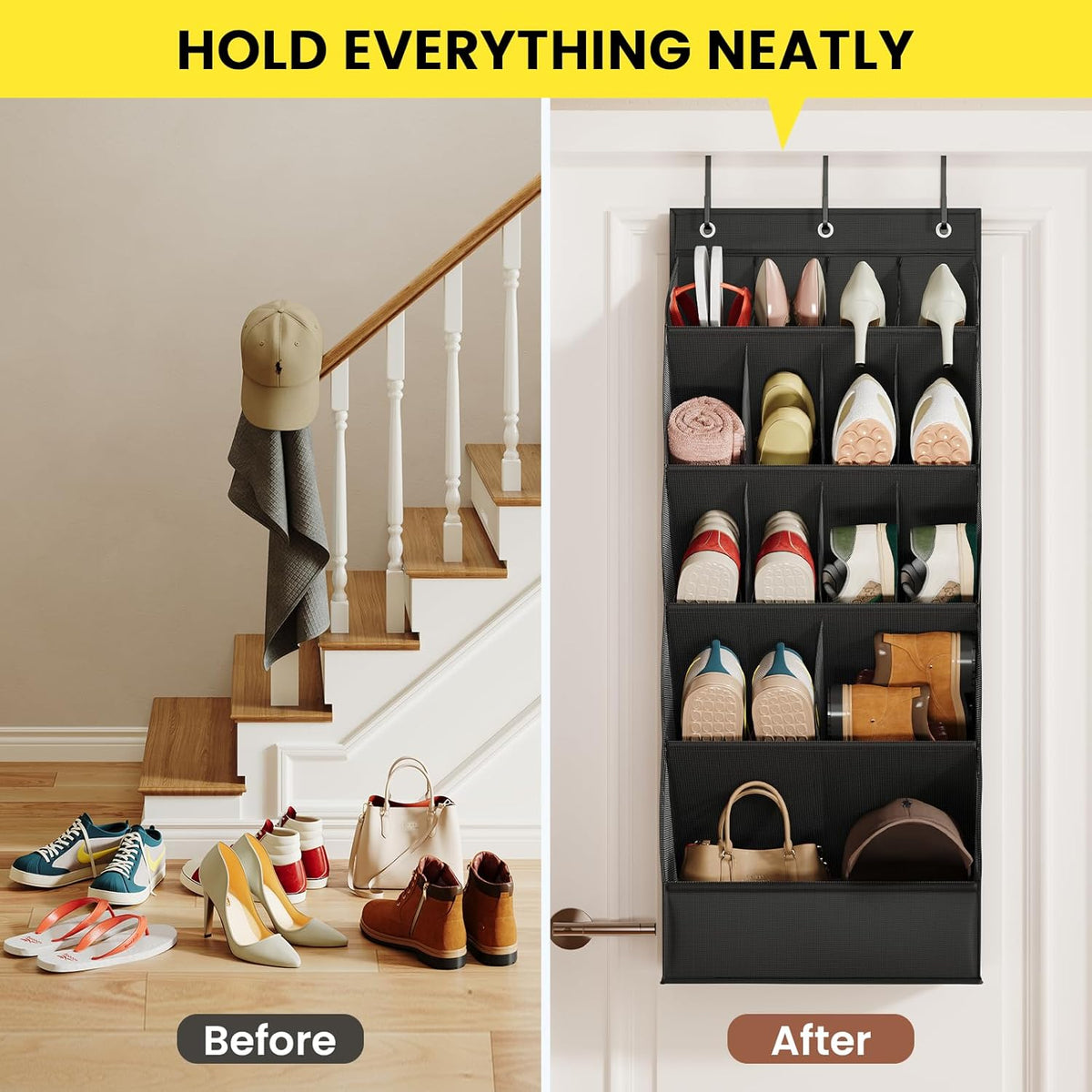 Over the Door Shoe Organizer for Closet, Shoes Rack for Closet with 15 Large Pockets, Hanging Shoe Organizers for Boot Storage, Behind the Door Narrow Shoe Holder for Small Shoes, Black