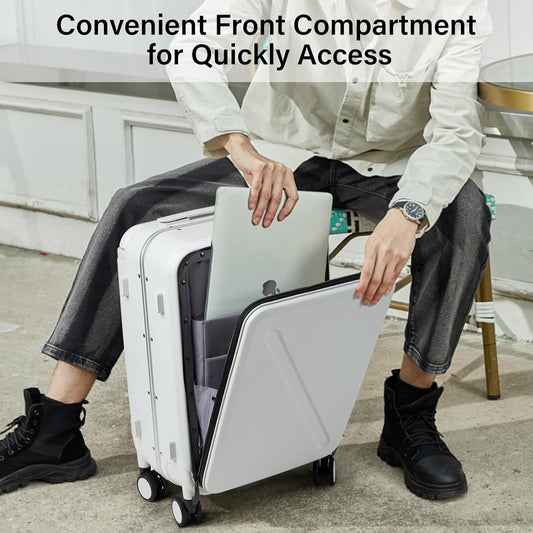 MILADA Wide Handle Luggage with Front Pocket Hardshell Aluminium Check In Suitcase with Wheels Medium 24 Inch Front Opening Checked Luggage with Spinner Wheels TSA Lock Airline Approved Luggage, White