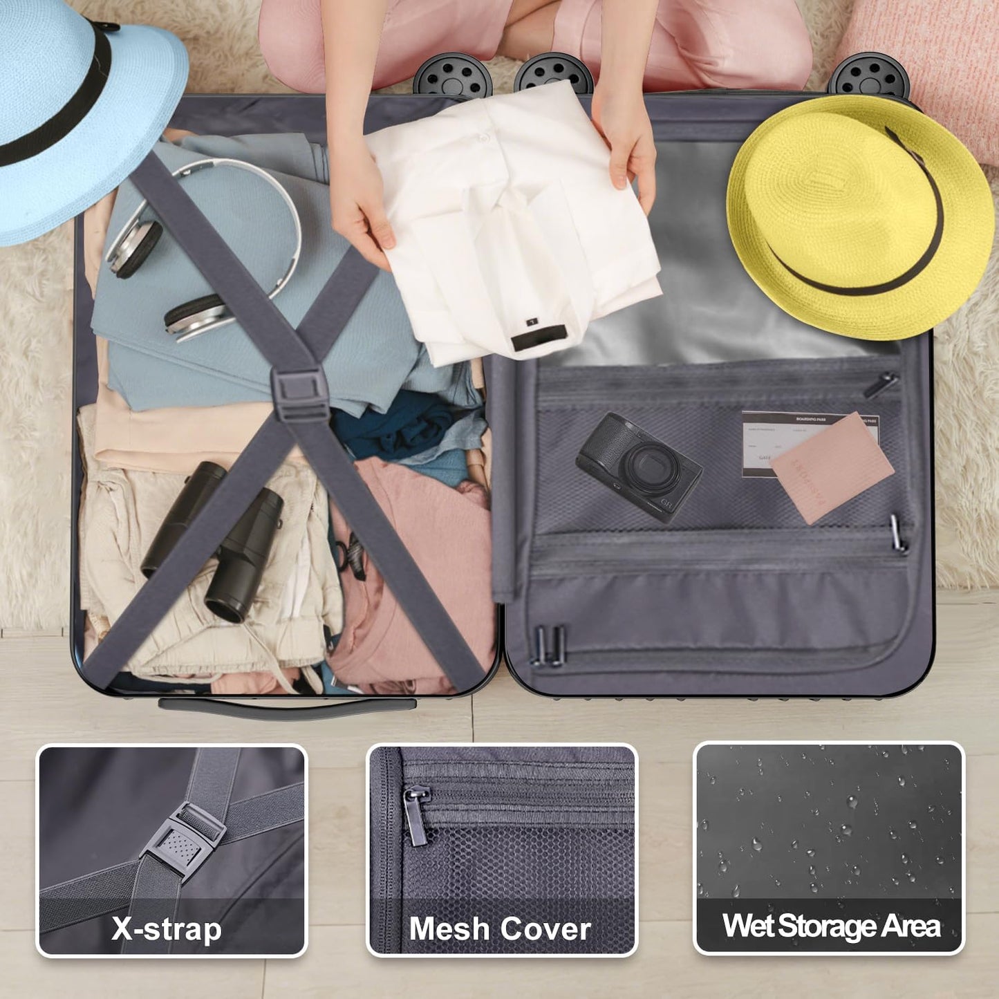 Krute Luggage Sets 2 Piece Suitcase with Spinner Wheels PC+ABS Hardside Suitcases Charging Port TSA Lock Carry On Luggage with Cup Holder 20+28 Inch