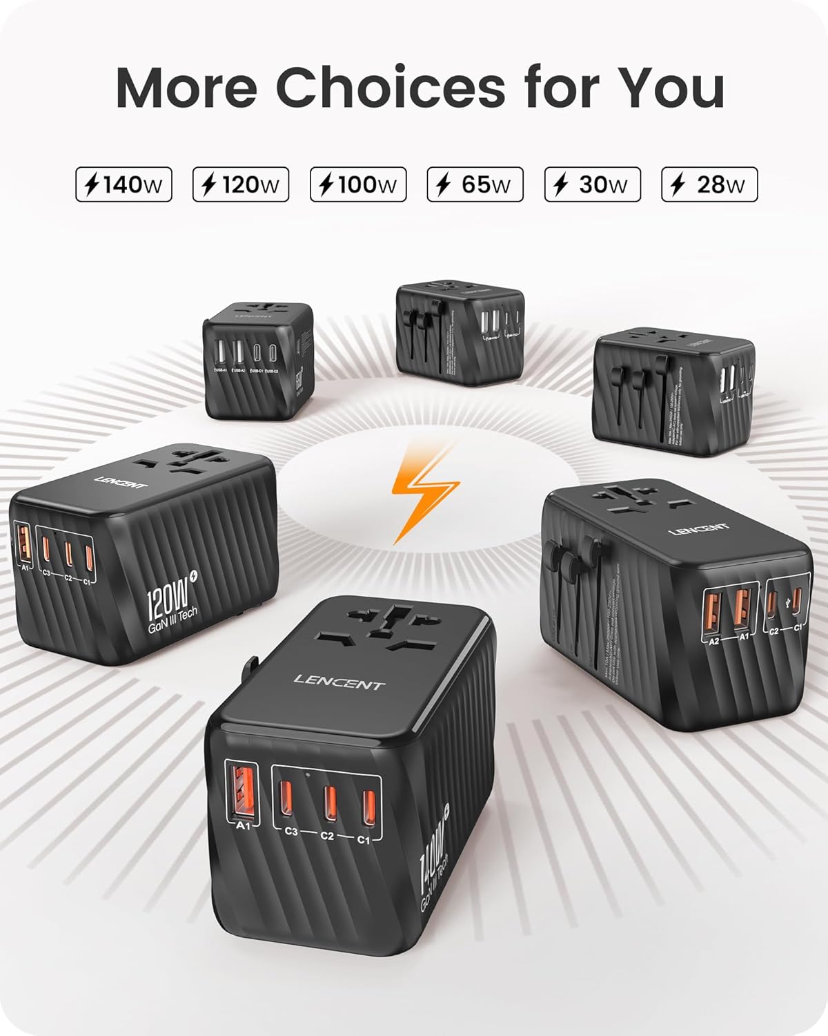 LENCENT Universal Travel Adapter, 65W GaN International Fast Charger with 2 PD3.0 Type C+2 QC USB A, Worldwide Power Adaptor for Phones,Laptops, All in One Travel Essentials for EU/USA/UK/AU, Black