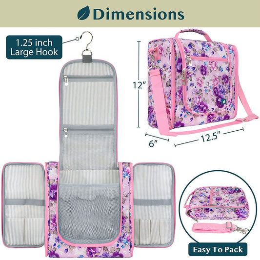 PAVILIA Extra Large Toiletry Bag Travel Bag for Women Men, Hanging Cosmetic Organizer, Water Resistant Makeup Bag for Accessories Toiletries, Travel Essentials Kit (Floral Pink)