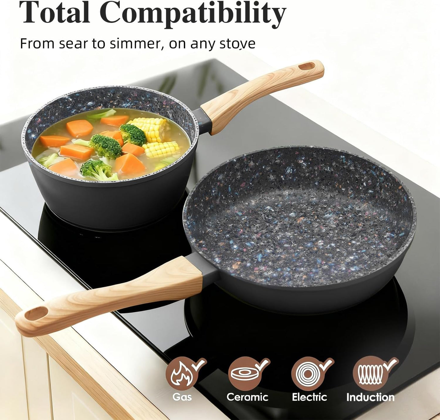 3-Piece Nonstick Pots and Pans Set with Lids, Includes 8.5 Inch Frying Pan 1.5Qt Saucepan and 2.2Qt Stock Pot, PFOA Free Dishwasher Safe Induction Compatible Family Cookware, Black