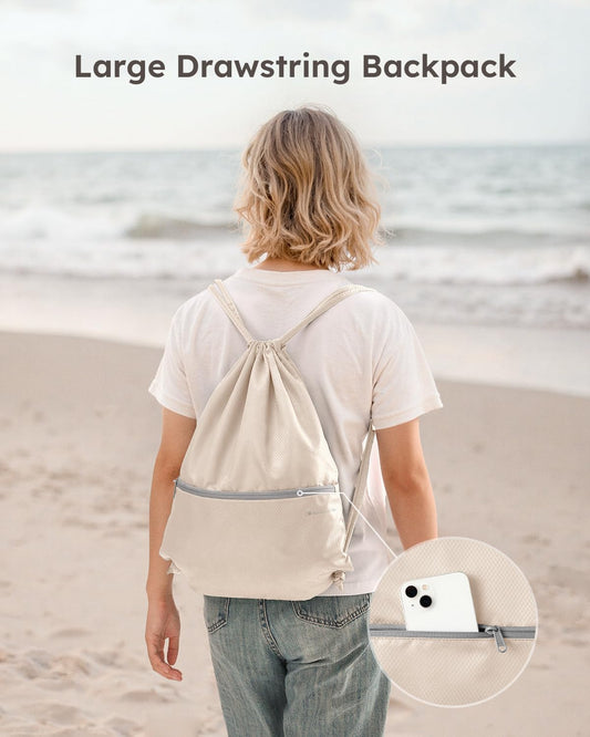 6 Set Compression Packing Cubes for Travel, Bonus Versatile Drawstring Backpack, Lightweight Luggage Organizer Bags, Sturdy Travel Accessories for Suitcase, Beige