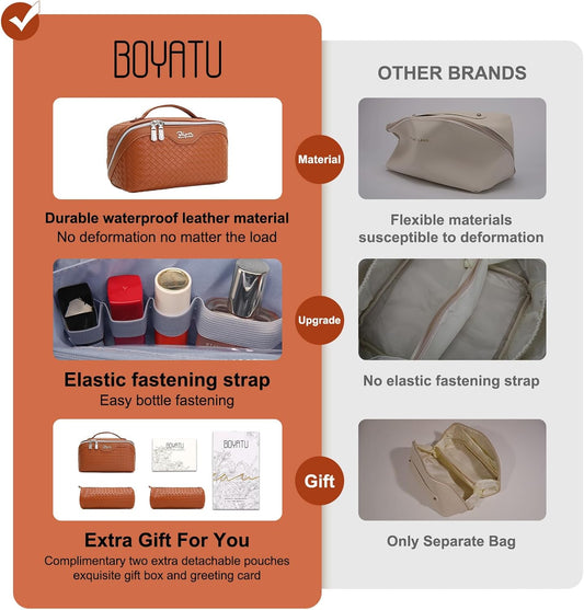 BOYATU Travel Makeup Bags for Women: 3 Pcs Large Make up Bags Set - Vegan Leather Cosmetic Bag for Traveling - Waterproof Toiletry Organizer Wide Open Portable Pouch (L08 Brown)