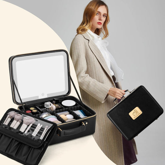 Makeup Bag with LED Mirror & Magnifier, Large Cosmetic Organizer Travel Makeup Case with Adjustable Brightness & 6 Detachable Dividers, Portable Makeup Storage for Women Girls (Black)