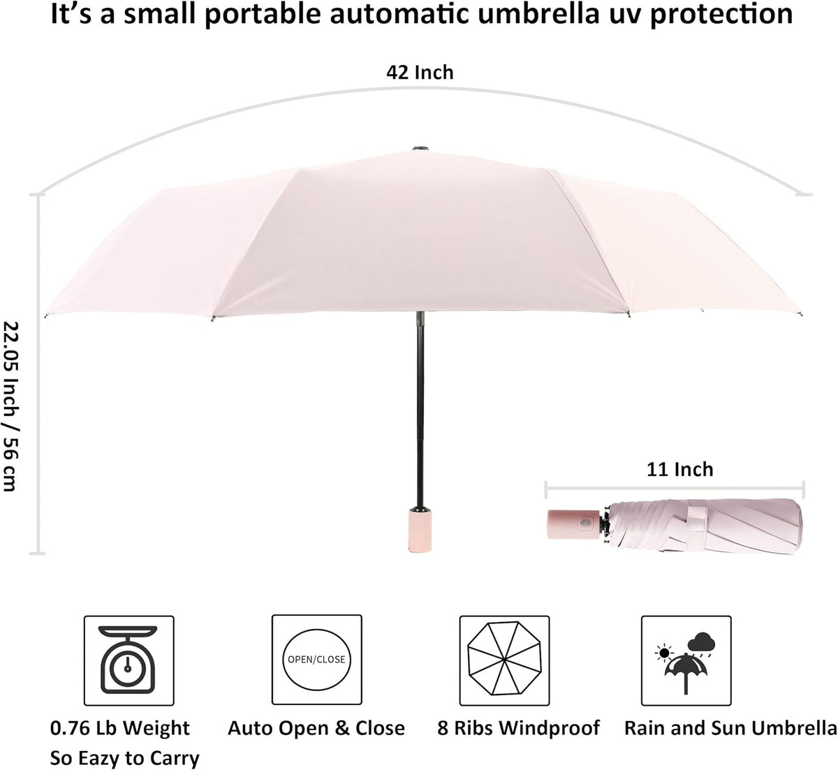 BAODINI Small UV Protection Travel Umbrella Compact for Rain and Sun UPF 50+ 41 inch Portable Umbrella for Women and Men