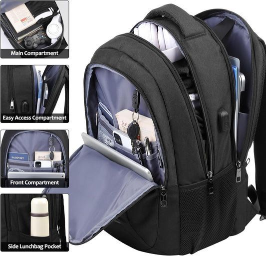 Travel Laptop Backpack for Men and Women, 17 Inch Large School Backpacks for Teens, Business Anti Theft Durable Back Pack, Water Resistant Computer Bag with USB Charging Port, Black