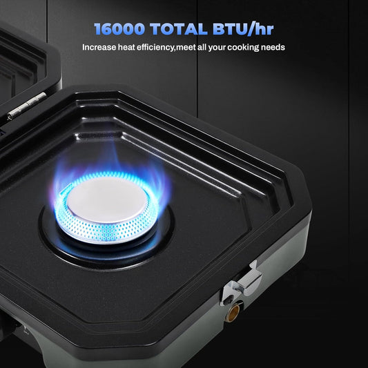 2-Burner Foldable Camping Stove with Griddle and Carrying Bag,16000 BTU Portable Propane Camp Stove with 2 Adjustable Burners & Piezo Ignition, for Camping, Home Backyard, Frying Turkey, Green