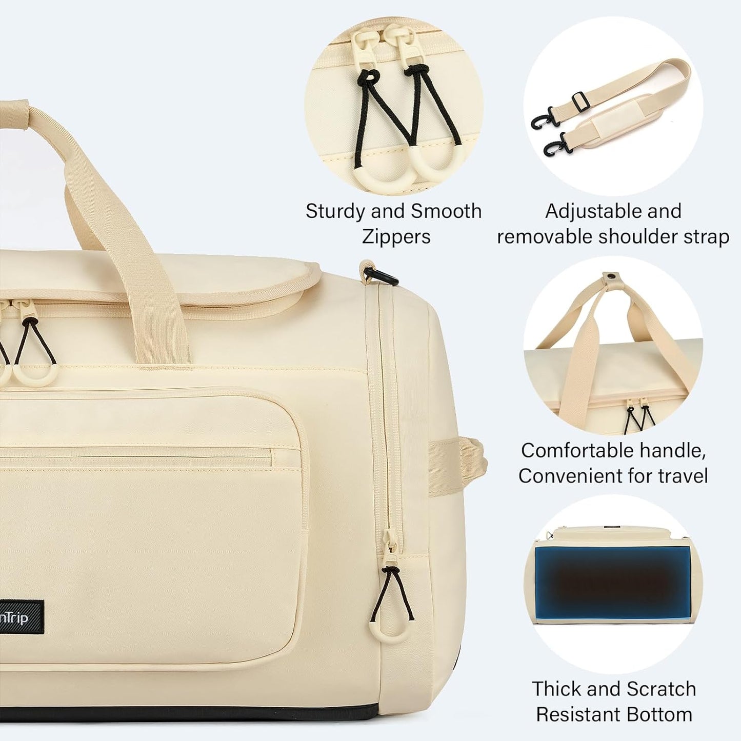 Large Travel Duffle Gym Bag with Shoe Compartment, Underseat Carry On Luggage Overnight Weekender Personal Item Workout Bags for Women Men (Offwhite)