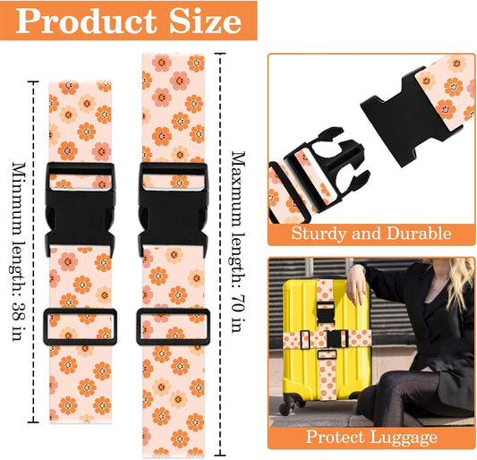 Luggage Straps for Suitcases TSA Approved, Luggage Identifiers for Suitcase, Adjustable Suitcase Strap for Baggage Security with Cute Patten, Travel Necessary Accessories 2Pack (Orange Flower)