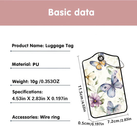 Luggage Tags for Suitcases, 2-Pack PU Leather for Cruise & Travel, Baggage ID Tags with Privacy Cover & Address Card, Durable Metal Ring, Kids Adults Travel Accessories, Elegant Butterfly Florals