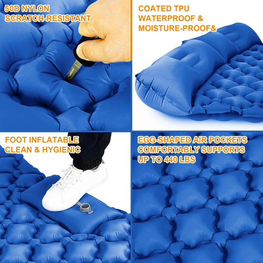 Double Sleeping Pad, Ultralight 4" Extra-Thick Self Inflating Sleeping Mat for 2 Person with Pillow Built-in Foot Pump Portable Camping Mat for Backpacking, Hiking, Traveling, Tent, Camping(Blue)