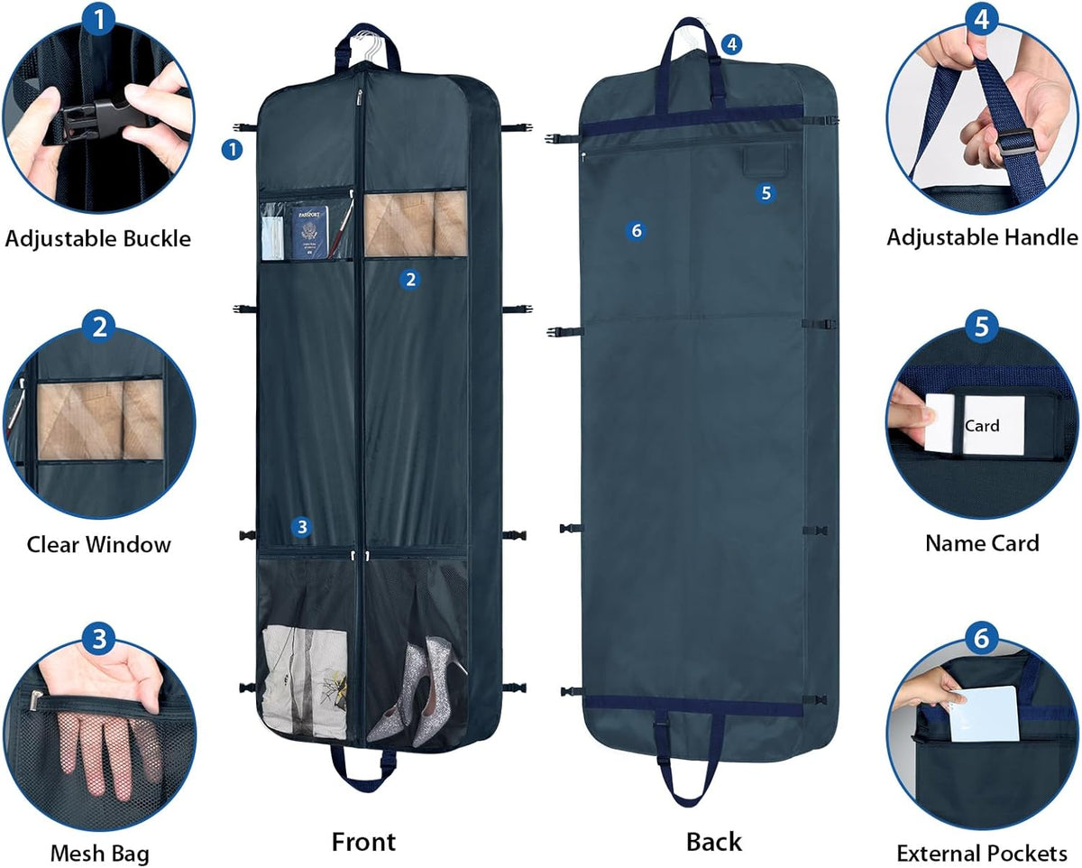 Zilink 60" Garment Bags for Travel Dress Travel Bag for Closet Storage Fur Coat Storage Bag with Adjustable Handles and Stable Buckles for Suits, Dresses, Navy Blue