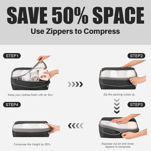 9 Set Compression Packing Cubes for Travel, Bonus Versatile Drawstring Backpack, Lightweight Luggage Organizer Bags, Sturdy Travel Accessories for Suitcase, Black