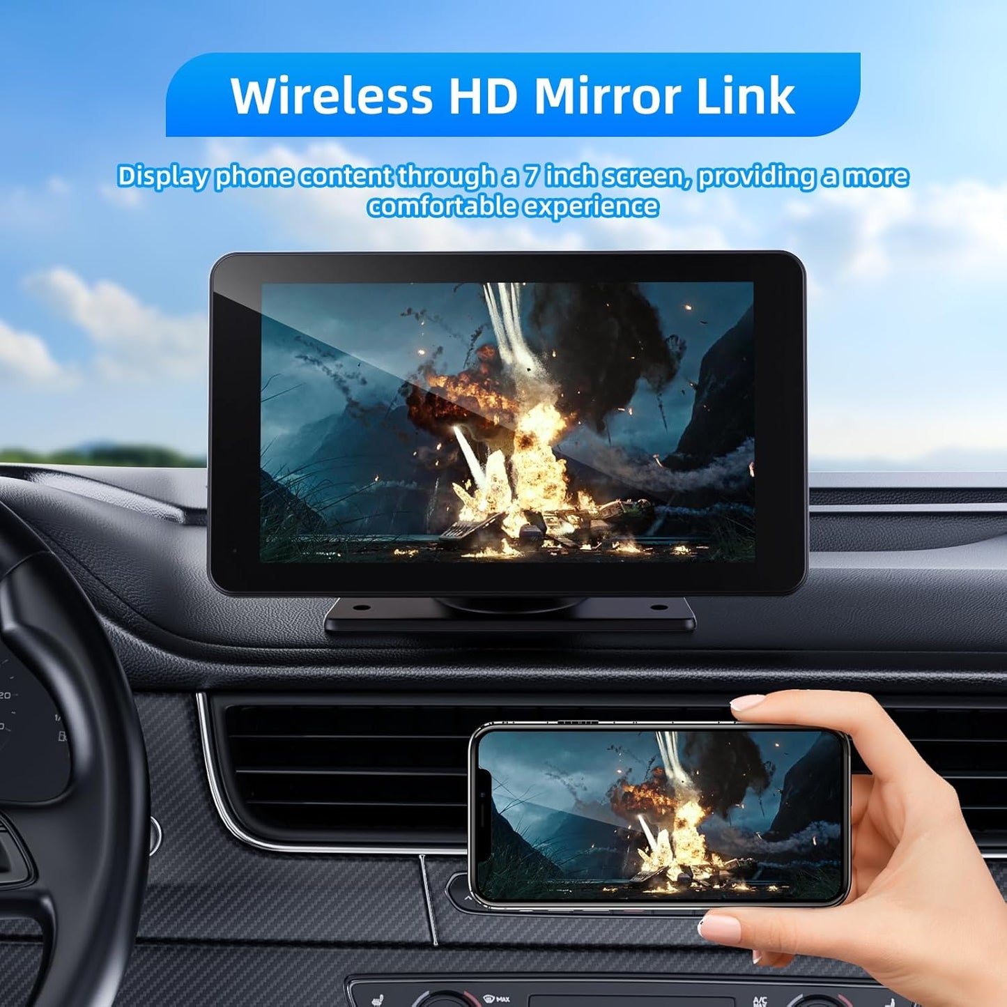 Wireless Apple Carplay and Android Auto Screen for Car, 7" HD Portable Touch Screen Car Stereo with Bluetooth, Backup Camera, Navigation, Mirror Link for All Vehicles