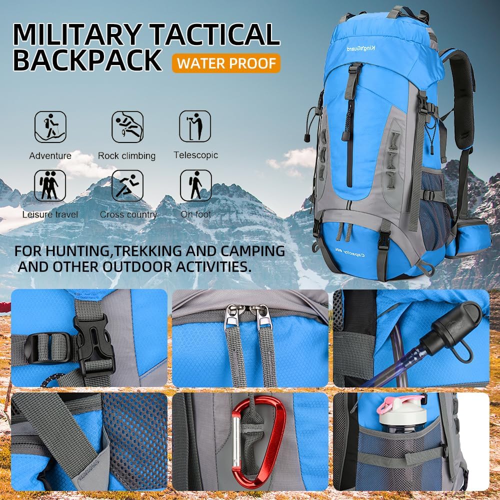 King'sGuard 60L Hiking Backpack Lightweight Camping Backpack with Rain Cover Large Waterproof Packable Outdoor Trekking Travel Backpack for Men Women (Blue)