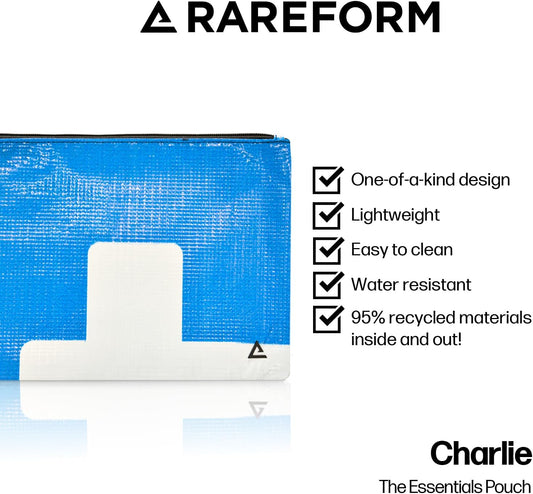 RAREFORM Essentials Organizer Pouch | Travel Accessory Bag, Protects Tech, Cosmetics, Toiletries with Inner Fleece Lining, Water-Resistant | Recycled Nylon, One-of-a-Kind, Blue