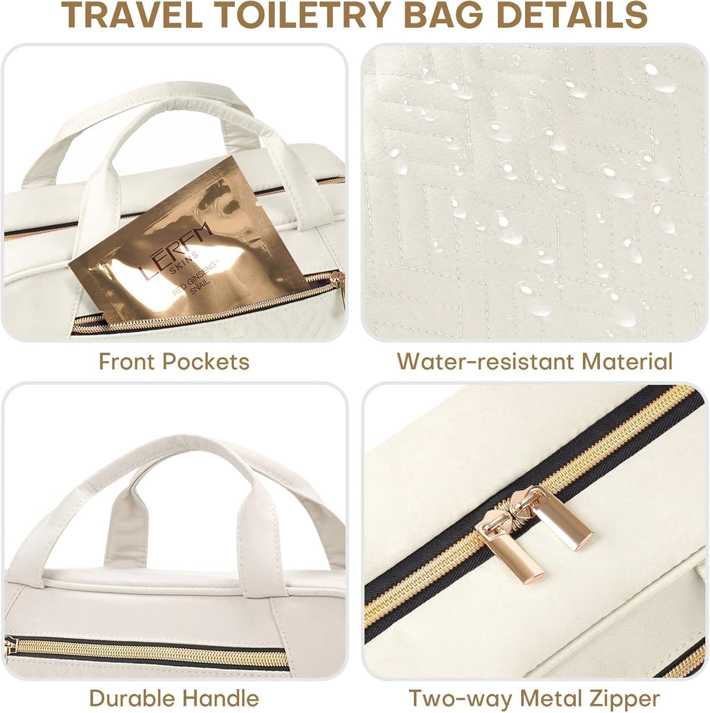 Hanging Toiletry Bag for Women Travel, 2 Sizes Large & Small Waterproof Cosmetic Organizer with 4 Compartments, Rotating Hook, Foldable Pink Travel Bag for Toiletries & Makeup - Medium Beige