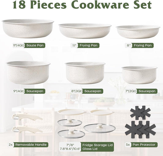 18 Pcs Pots and Pans Set Non Stick, Cookware Sets with Detachable Handle, Nonstick RV Kitchen Cooking Tools Removable Handles, Oven Safe, Induction Fast, Stackable Induction Cookware, White
