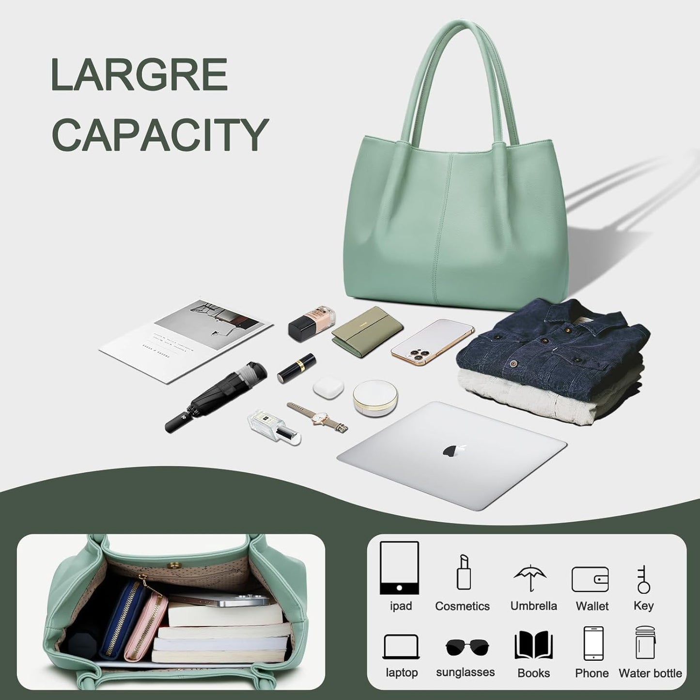 KKXIU Tote Bag for Women Vegan Leather Shoulder Purse Large Capacity Travel Bag