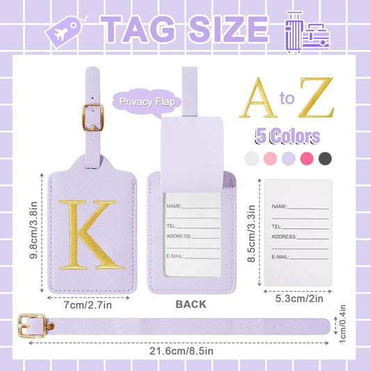 Personalized Initial Luggage Tags for Suitcase, Purple Leather Cute Luggage Tags with Privacy Cover Name Card, Embroidered Custom Monogrammed Luggage Tag Travel Backpack Tags Gifts for Women Kids(K)