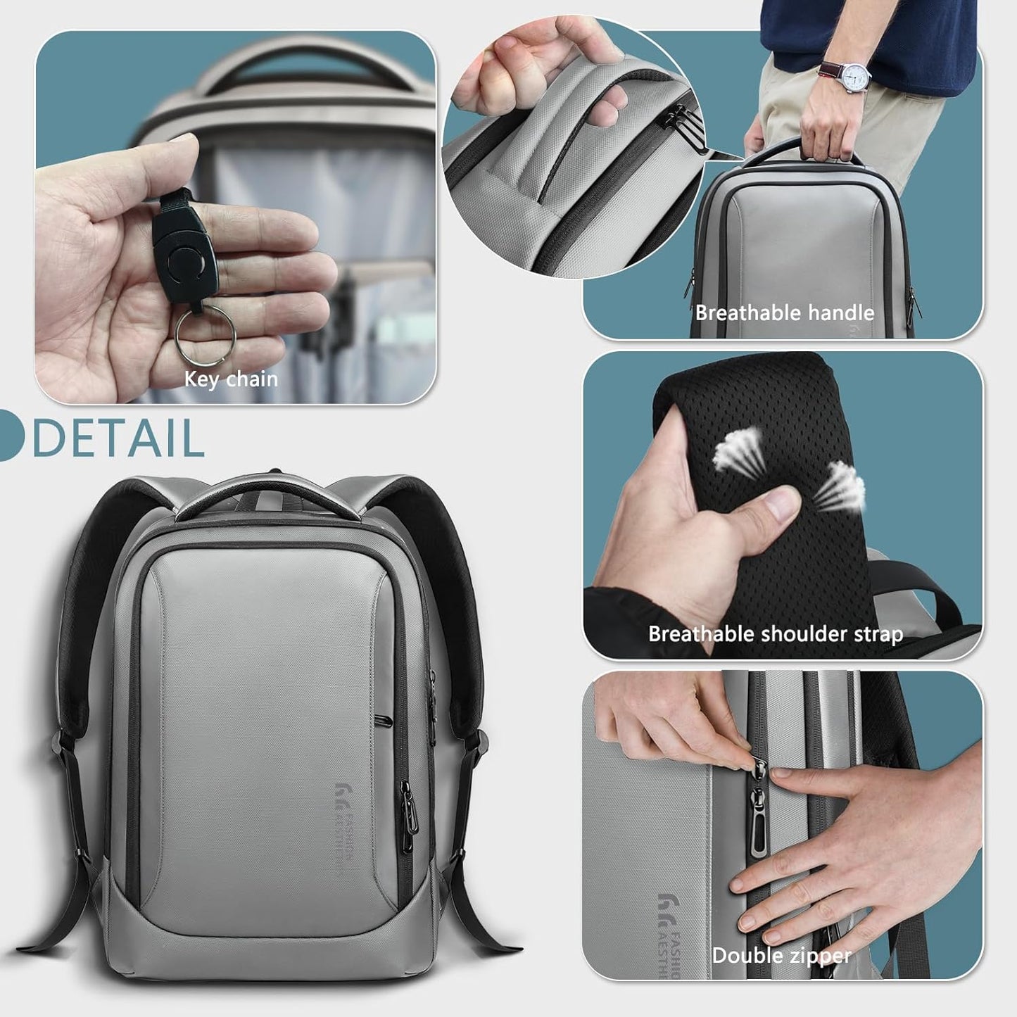 hk Laptop Backpack for Men with USB Charging Port Water-Resistant for 15.6 Inch Computer Bag Durable High-Tech Daypack Casual Backpack for Business Work College Weekender Travel- Grey