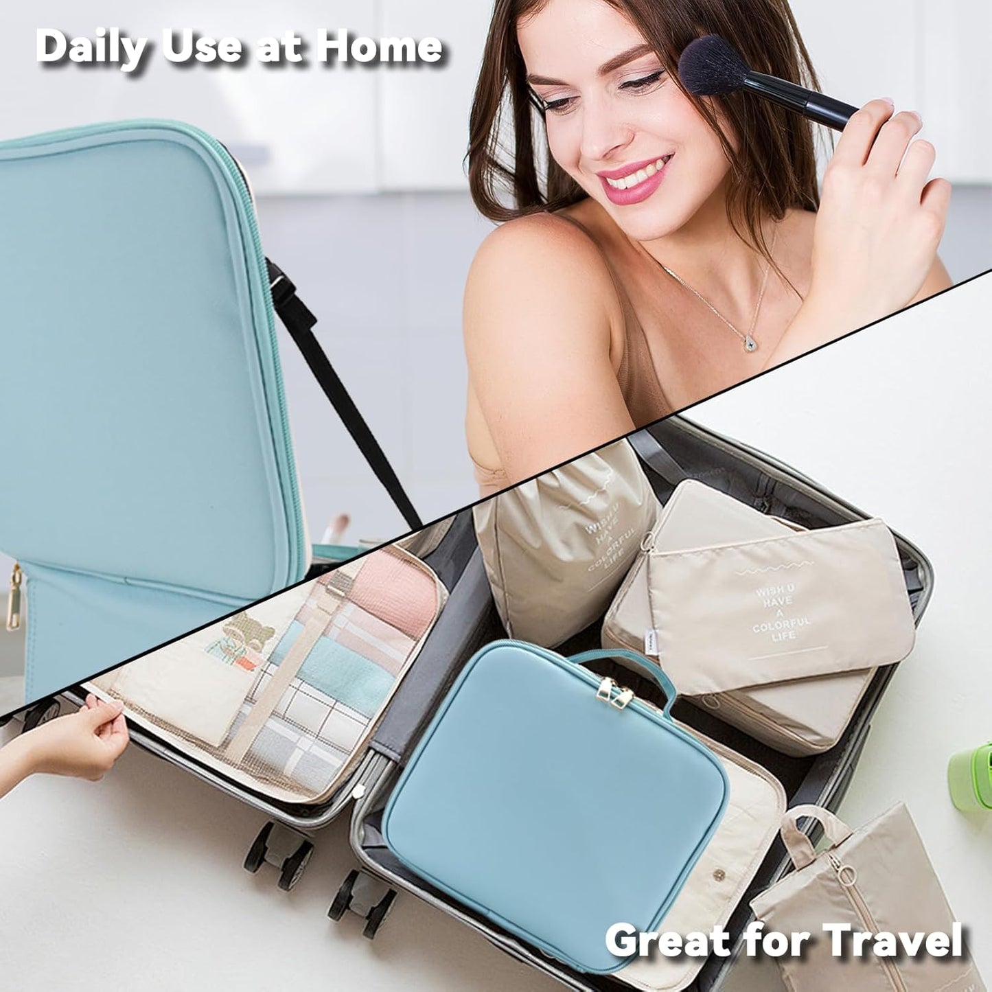 Travel Makeup Bag with LED Mirror and 10x magnifying glass with 3 Lighted Settings, Adjustable Dividers and Makeup Brush Storage Bag Light Blue