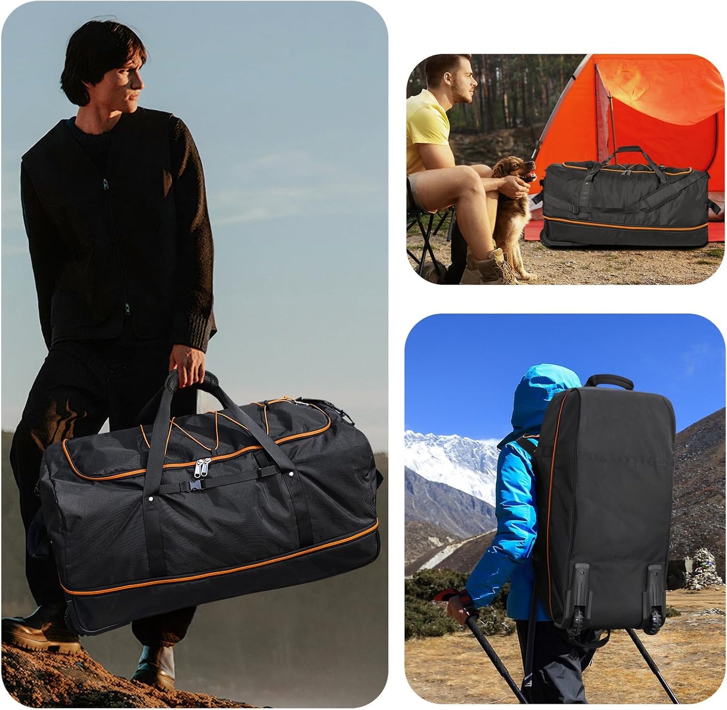 Vomgomfom 32" Soft-Sided Foldable Wheeled Travel Duffel Bag,Expandable 110L to 140L Rolling Cargo Bag with 2 Wheels and Multiple Pockets,Black-orange