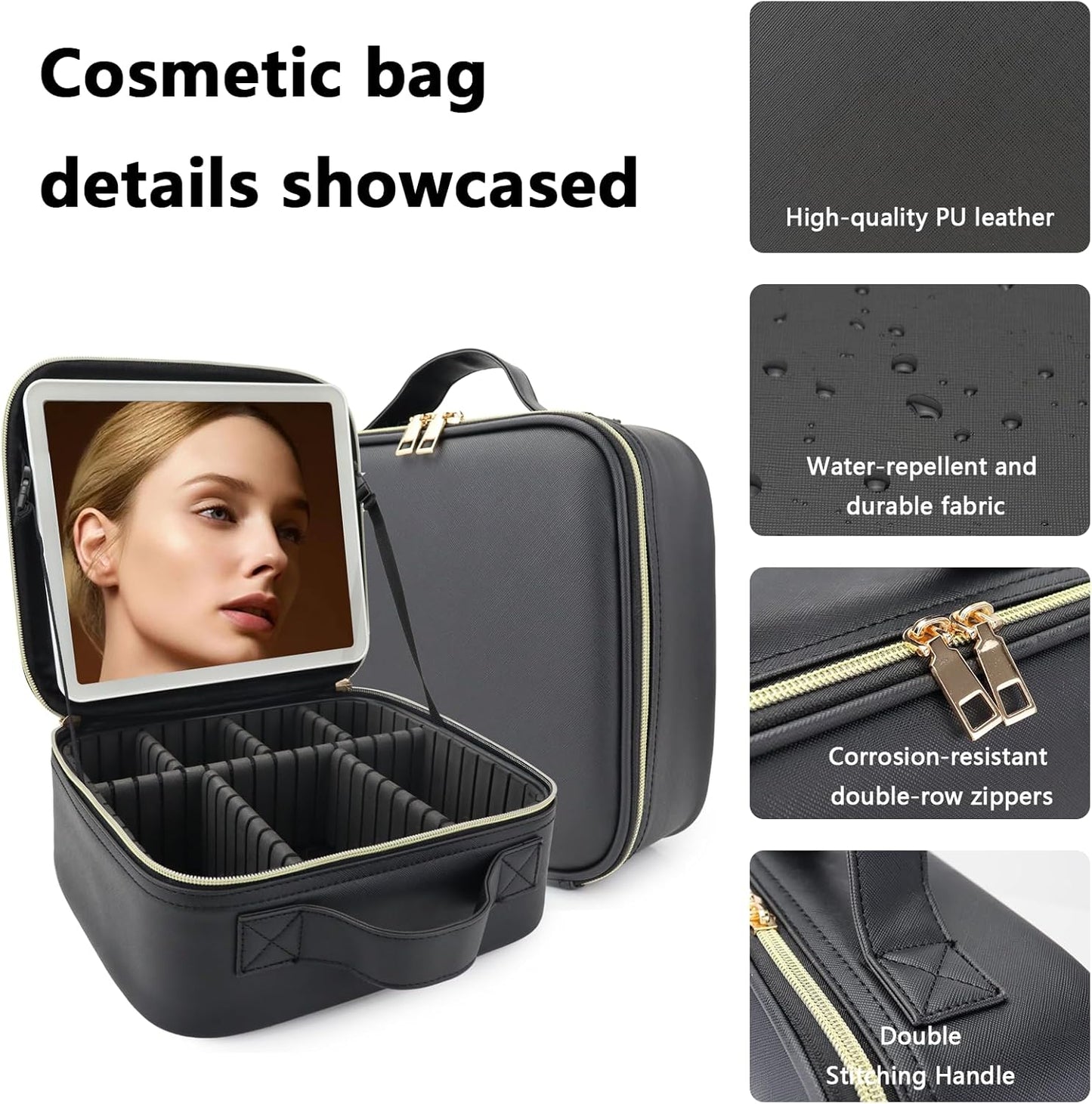 Travel Makeup Bag for Makeup Artists Large Makeup Case,with Mirror 3 Color Setting and Jewelry box Travel Makeup Bag,Portable Storage and Adjustable Dividers(black)