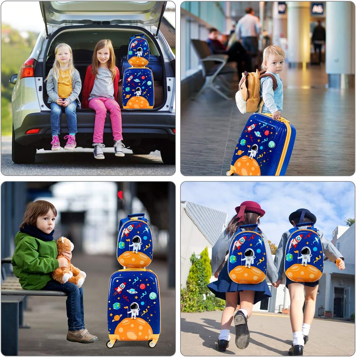 HONEY JOY Kids Luggage, 12" Toddler Backpack & 18" Travel Suitcase with Wheels, Lightweight Toddler Suitcase, Durable ABS Hardshell, 2Pcs Carry On Luggage Set for Boys Girls, Blue Astronaut
