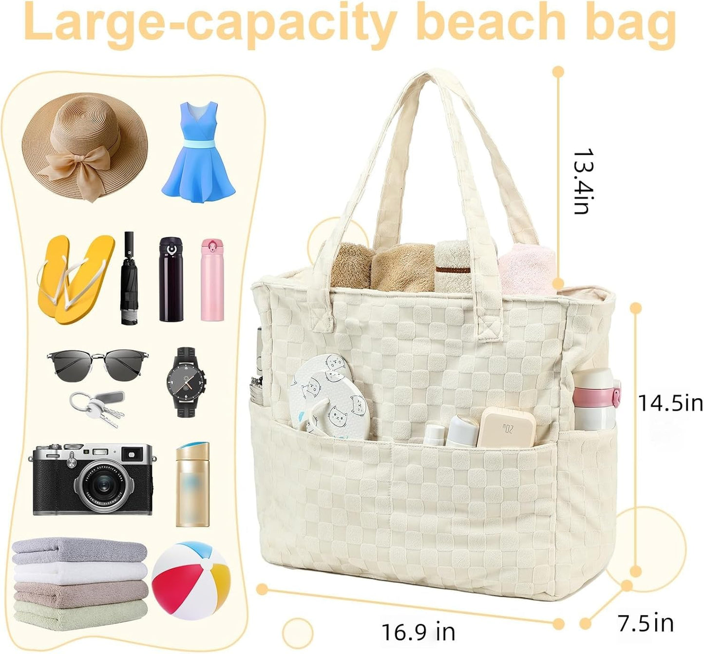 LEDAOU Large Beach Tote Bag Women Waterproof Sandproof Zipper Beach Tote Bag for Pool Gym Grocery Travel with Wet Pocket