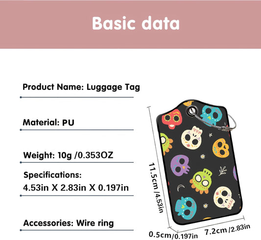 Luggage Tags for Suitcases, 2-Pack PU Leather for Cruise & Travel, Baggage ID Tags with Privacy Cover & Address Card, Durable Metal Ring, Kids Adults Travel Accessories, Sugar Skulls