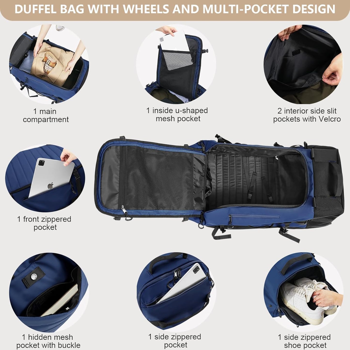 CONTAIL 86L Foldable Wheeled Duffel Backpack with Padded Quilted Bottom,Waterproof Travel Duffle Bag with Extended Handles,Navy