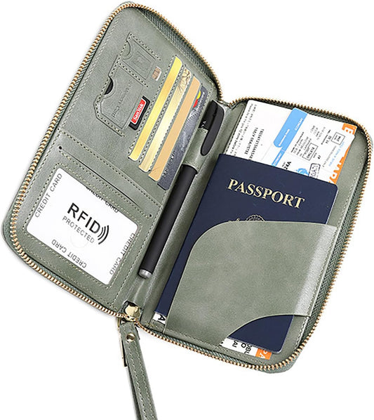 Rowgins Rfid Blocking Passport Holder Wallet, Rowgins Rfid Passport Holder with Zipper, PU Leather PassportHolder for Travel (GREEN)