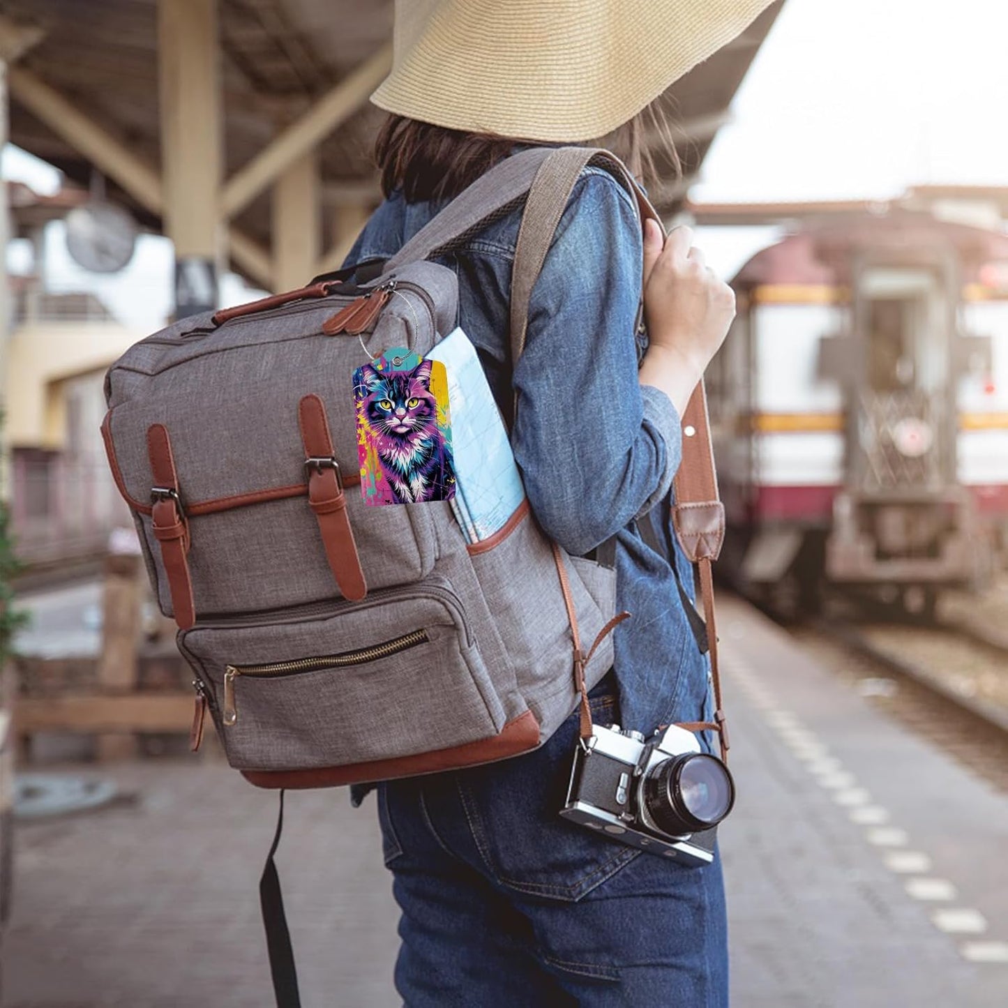 Colorful Cat 2 Pack Luggage Tag for Suitcase, Cute Unique Leather Bag Tags Identifiers Privacy Cover ID Label with Steel Loop for Women Men Kids Girls Travel,