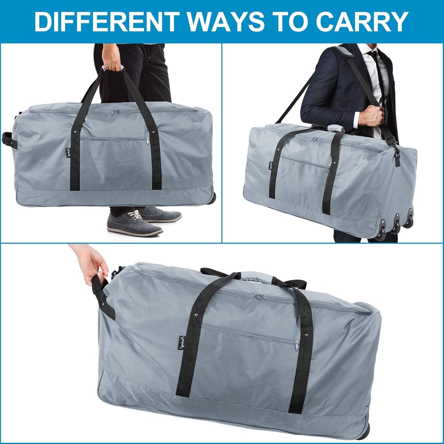 Finnhomy 120L Foldable Rolling Duffel Bag with 3 Wheels, Light Weight Travel Duffel bag with Large Loading Capacity, 32 inch Rolling Duffel bag with Shoulder Strap for Travel Camping Sports