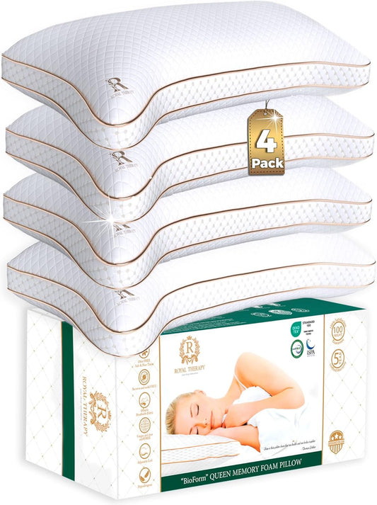 Royal Therapy King Pillows 4-Pack - Shredded Memory Foam Pillows for All Sleep Positions - Medium Firm Pillow with Adjustable, Bamboo Rayon Cover, CertiPUR-US, Oeko-TEX Certified