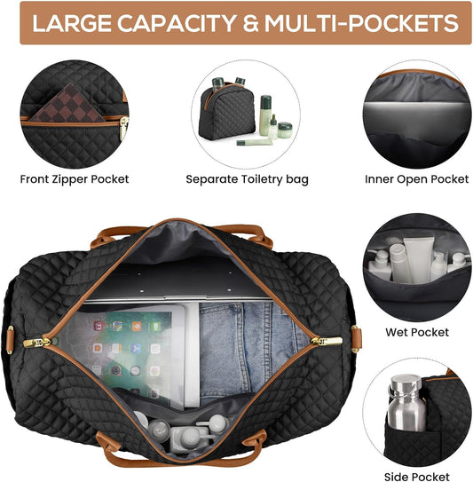 Travel Bag Weekender Bags for Women - Carry on Overnight Bag with Shoe Compartment Duffle Bag with Laptop Pocket Hospital Bag for Labor Delivery Gym Tote Bag with Toiletry Bag Black Brown