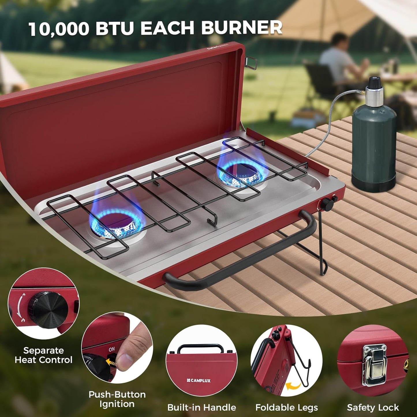 CAMPLUX Safari 2 Burner Propane Camping Stove 20,000 BTU, Portable 2 Burner Propane Camping Grill Stove with Foldable Legs, Push-Button Ignition, CSA Certified Regulator & Hose for Outdoor Cooking