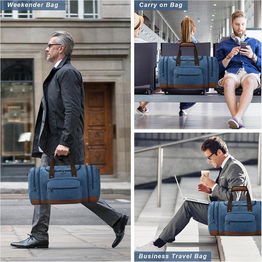 Litvyak Duffle Bag for Travel, 50L Canvas Travel Duffel Bags Overnight Weekend Gym Carry On Luggage Bag for Men & Womenn(Blue+Toiletry Bag)