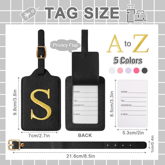 Personalized Initial Luggage Tags for Suitcase TSA Approved, Black Leather Cute Luggage Tag with Privacy Cover Name Card, Embroidered Custom Luggage Tags Travel Backpack Tags Gifts for Women Kids(S)