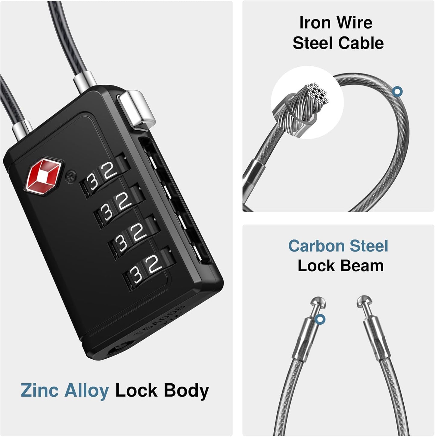 Puroma TSA Approved Luggage Travel Locks with Open Alert Indicator, 4 Digit Combination Resettable Code Zinc Alloy Lock for Suitcase, Backpack, Bag, Toolbox, Locker (2 Pack, Black)