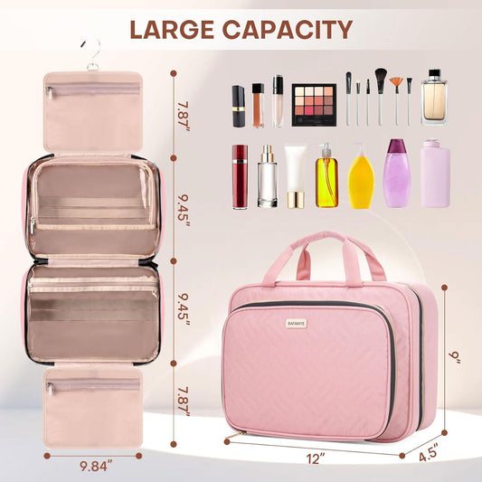 8L Travel Toiletry Bag with Jewelry Organizer for Women - 2.1 GAL Water-resistant Makeup Cosmetic Bag With Hanging Hook for Accessories Shampoo Full-size Container, Pink