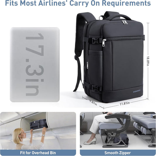 SHOWKOO Travel Backpack For Man Women, Airline Approved Carry On Laptop Backpack For Business, 40L Expandable Large Capacity Backpack, Black